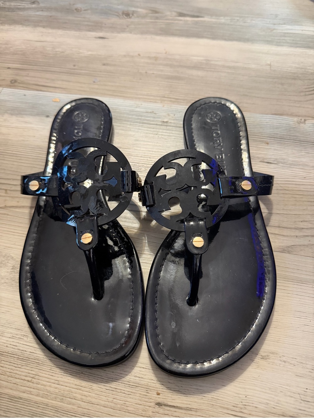Tory Burch Black Patent Miller Logo Thong Sandals